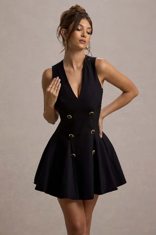 Mini Women Dress with a Short Hem for a Young and Trendy StyleCollette | Black Tailored Plunge-Neck Mini Dress Mini Women Dress with a Short Hem for a Young and Trendy StyleCollette | Black Tailored Plunge-Neck Mini Dress