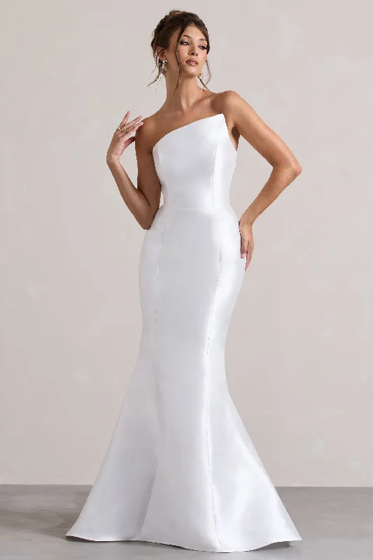 Empire Waist Women Dress to Accentuate the Bust and Conceal the WaistDefine | White Satin Asymmetric Fishtail Maxi Dress