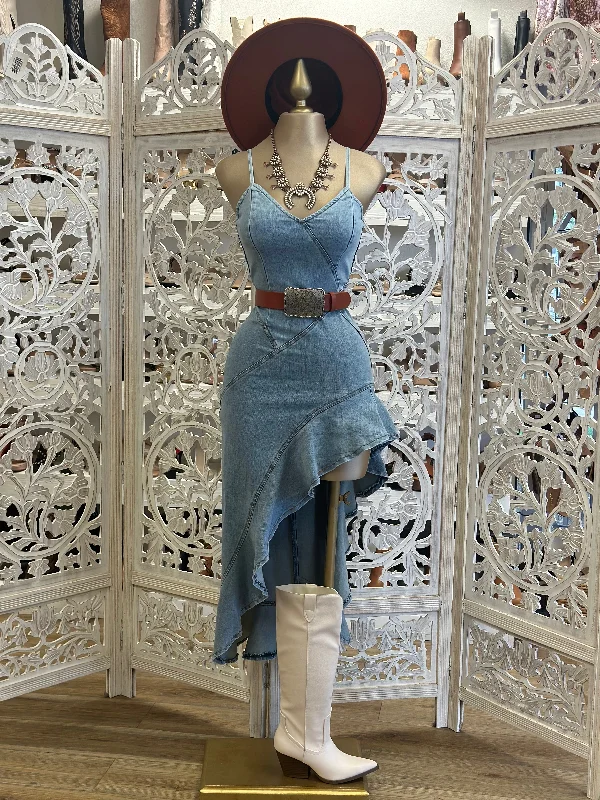 Ball Gown Women Dress with a Full Skirt for a Princess - like LookDenim Ruffle Draped Dress- Stretchy Ball Gown Women Dress with a Full Skirt for a Princess - like LookDenim Ruffle Draped Dress- Stretchy
