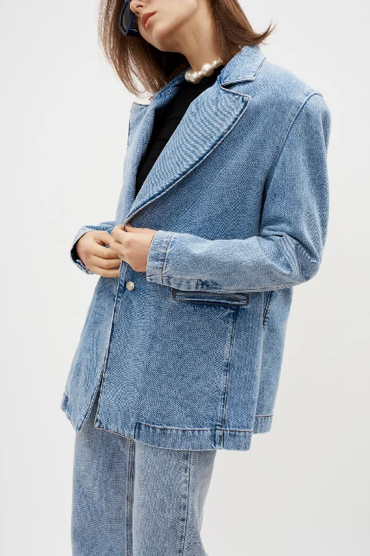 Single - Breasted Women's Linen Blend Blazers in Earth Tones for Casual WearDina Denim Washed Blue Blazer Single - Breasted Women's Linen Blend Blazers in Earth Tones for Casual WearDina Denim Washed Blue Blazer