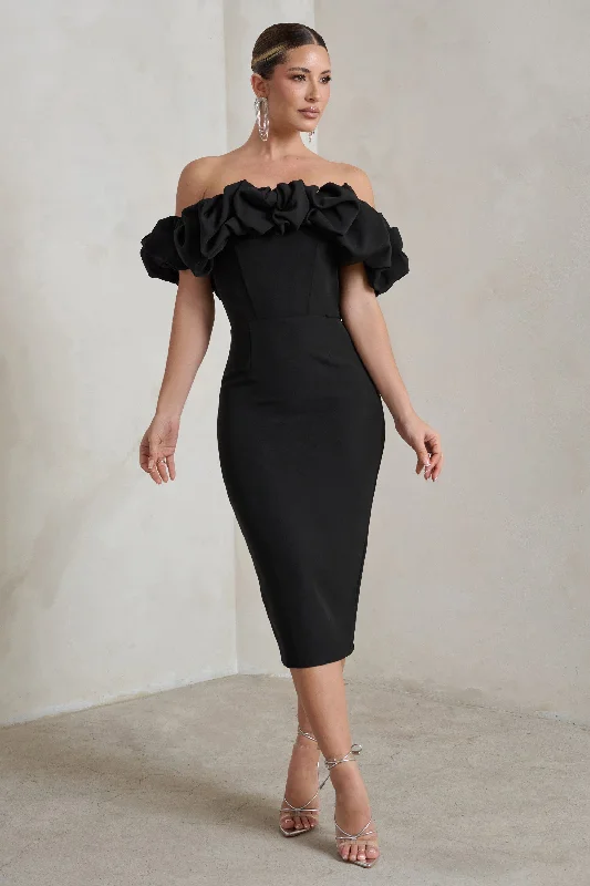 Wrap - Style Women Dress with Adjustable Fit for All Body TypesEstie | Black Structured Statement Bardot Midi Dress Wrap - Style Women Dress with Adjustable Fit for All Body TypesEstie | Black Structured Statement Bardot Midi Dress