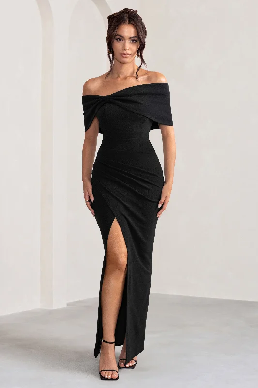 Shift Women Dress with a Simple and Classic Design for Everyday WearEva | Black Bardot Bow Detail Maxi Dress With Thigh Split