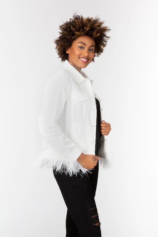 Single - Breasted Women's Tweed Blazers with Gold Buttons for a Classic LookFeathers & Crystals Jacket White Single - Breasted Women's Tweed Blazers with Gold Buttons for a Classic LookFeathers & Crystals Jacket White