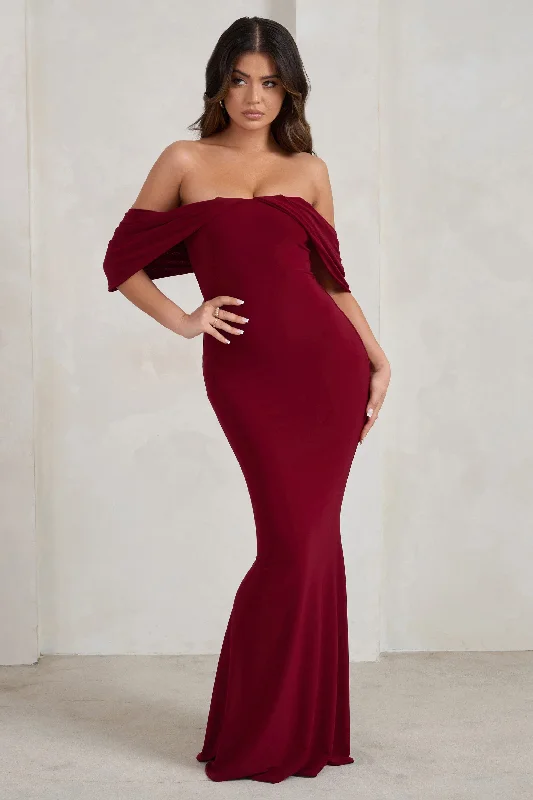 Pleated Women Dress with a Timeless and Elegant TextureGabrielle | Berry Red Bardot Neckline With Drape Sleeves Maxi Dress Pleated Women Dress with a Timeless and Elegant TextureGabrielle | Berry Red Bardot Neckline With Drape Sleeves Maxi Dress