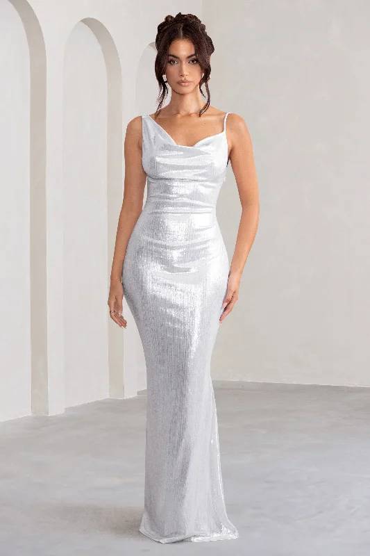 Maxi Women Dress with Floral Print for a Bohemian VibeGalaxy Shimmer | Silver Bias Cut Cowl Front Maxi Dress Maxi Women Dress with Floral Print for a Bohemian VibeGalaxy Shimmer | Silver Bias Cut Cowl Front Maxi Dress