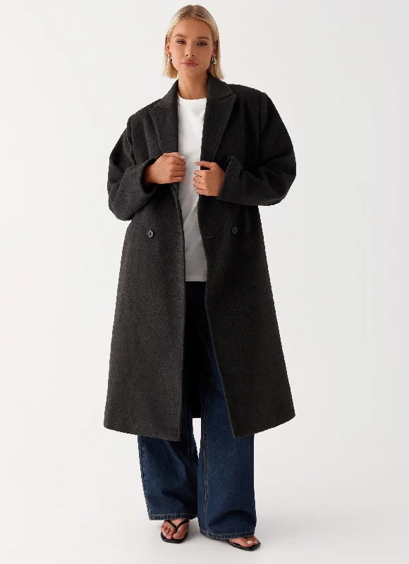 Plus Size Women's Military - Inspired Blazers with Gold Accents for a Bold LookGianni Double Breast Coat - Charcoal Plus Size Women's Military - Inspired Blazers with Gold Accents for a Bold LookGianni Double Breast Coat - Charcoal