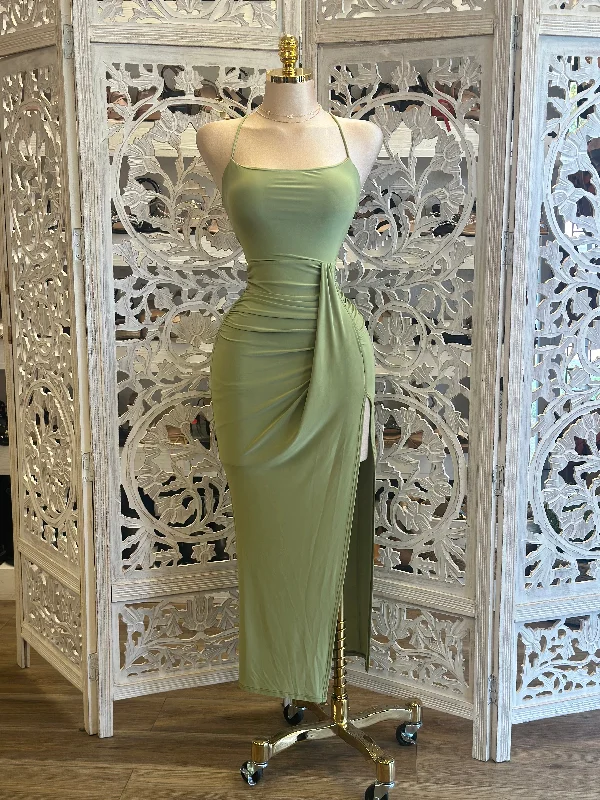Backless Women Dress for a Sexy and Alluring Look at Evening EventsGreen Strappy Back Draped Dress- Stretchy, Estira Backless Women Dress for a Sexy and Alluring Look at Evening EventsGreen Strappy Back Draped Dress- Stretchy, Estira