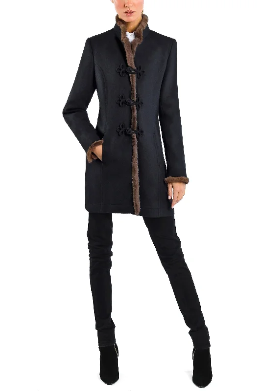 Women's Notched Lapel Blazers in Beige for a Timeless OutfitLong blazer from black wool jersey with natural mink Women's Notched Lapel Blazers in Beige for a Timeless OutfitLong blazer from black wool jersey with natural mink