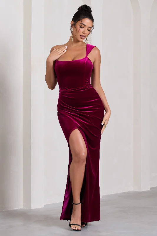 Maxi Women Dress with Floral Print for a Bohemian VibeJessica | Berry Velvet One Shoulder Corset Style Wrap Maxi Dress