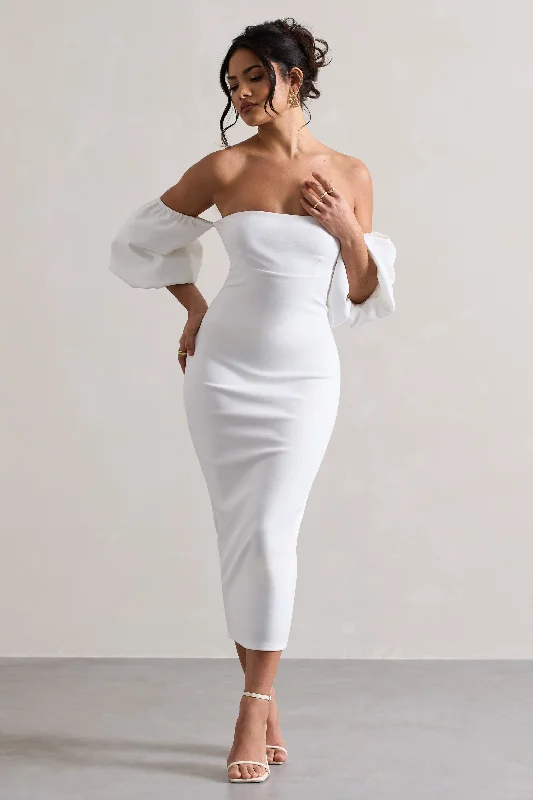 Halter Neck Women Dress to Show Off the Shoulders and NecklineKeira | White Bardot Puff-Sleeve Midi Dress Halter Neck Women Dress to Show Off the Shoulders and NecklineKeira | White Bardot Puff-Sleeve Midi Dress