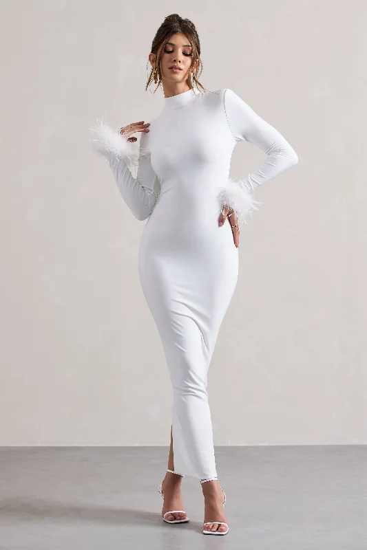 Ball Gown Women Dress with a Full Skirt for a Princess - like LookKhalia | White High-Neck Feather-Cuff Maxi Dress Ball Gown Women Dress with a Full Skirt for a Princess - like LookKhalia | White High-Neck Feather-Cuff Maxi Dress