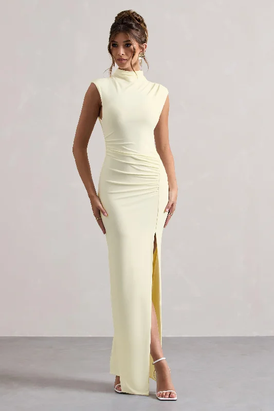 Lace - Embellished Women Dress for an Elegant and Sophisticated AppearanceLanetta | Cream Ruched High-Neck Maxi Dress With Split Lace - Embellished Women Dress for an Elegant and Sophisticated AppearanceLanetta | Cream Ruched High-Neck Maxi Dress With Split
