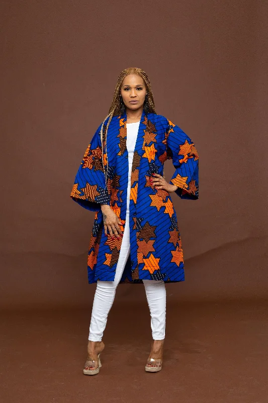 Women's Peplum Blazers in Emerald Green for a Stylish Work AttireLara Ankara Midi Kimono Jacket | Blue and Orange African Print Women's Peplum Blazers in Emerald Green for a Stylish Work AttireLara Ankara Midi Kimono Jacket | Blue and Orange African Print