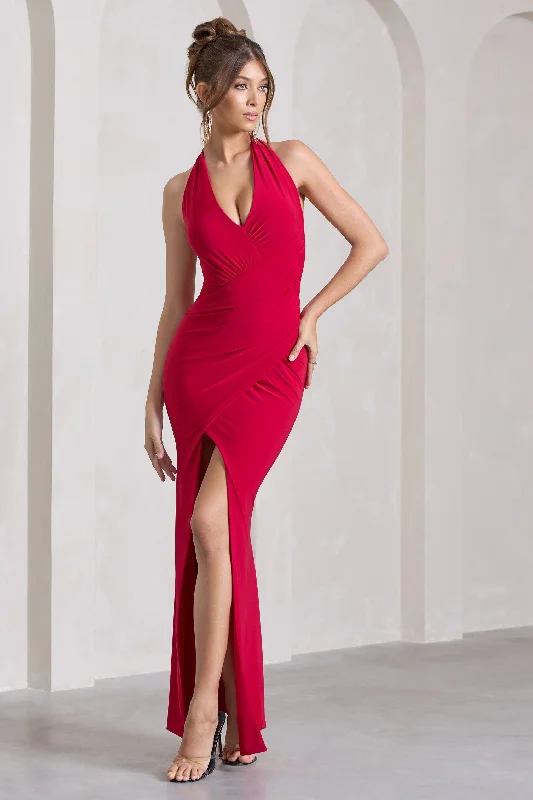 Ball Gown Women Dress with a Full Skirt for a Princess - like LookLeonie | Red Halter-Neck Split Maxi Dress With Wrap Detail