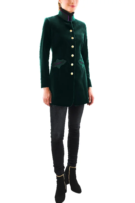 Single - Breasted Women's Linen Blend Blazers in Earth Tones for Casual WearLong blazer from dark green velvet and loden Single - Breasted Women's Linen Blend Blazers in Earth Tones for Casual WearLong blazer from dark green velvet and loden