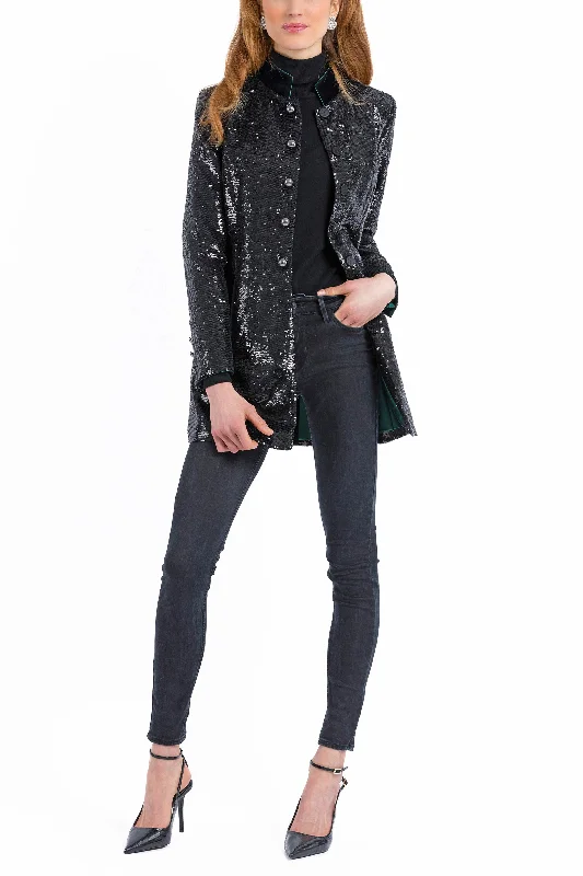 Single - Breasted Women's Linen Blend Blazers in Earth Tones for Casual WearLong Blazer from shiny black sequins