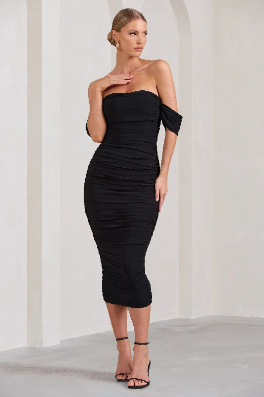 Halter Neck Women Dress to Show Off the Shoulders and NecklineLost For Words | Black Bardot Ruched Draped Midi Dress Halter Neck Women Dress to Show Off the Shoulders and NecklineLost For Words | Black Bardot Ruched Draped Midi Dress