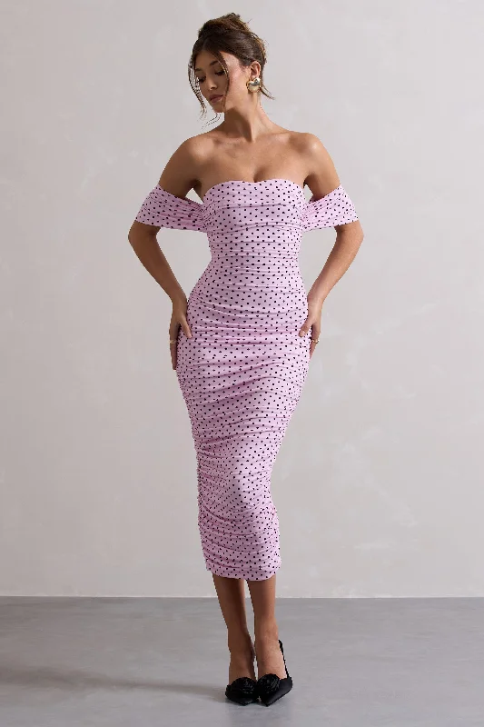 Lace - Embellished Women Dress for an Elegant and Sophisticated AppearanceLost For Words | Pink Polka Dot Bardot Ruched Draped Midi Dress