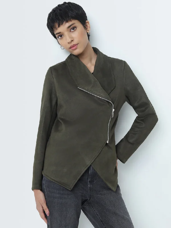 Single - Breasted Women's Linen Blend Blazers in Earth Tones for Casual WearLOV Olive Suede Zipper Jacket Single - Breasted Women's Linen Blend Blazers in Earth Tones for Casual WearLOV Olive Suede Zipper Jacket