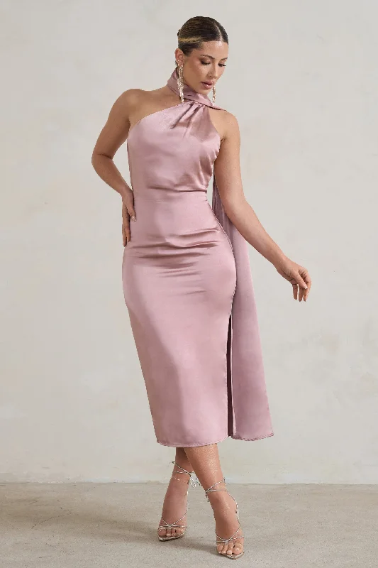 Shift Women Dress with a Simple and Classic Design for Everyday WearMadame | Blush Pink Satin Asymmetric Scarf Neck Backless Midi Dress Shift Women Dress with a Simple and Classic Design for Everyday WearMadame | Blush Pink Satin Asymmetric Scarf Neck Backless Midi Dress