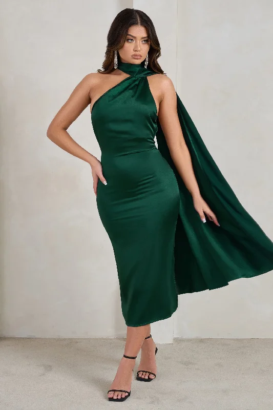 Empire Waist Women Dress to Accentuate the Bust and Conceal the WaistMadame | Bottle Green Satin Asymmetric Scarf Neck Backless Midi Dress Empire Waist Women Dress to Accentuate the Bust and Conceal the WaistMadame | Bottle Green Satin Asymmetric Scarf Neck Backless Midi Dress