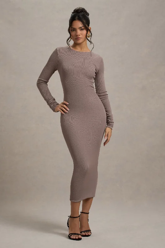 Ball Gown Women Dress with a Full Skirt for a Princess - like LookMadden | Taupe Rib Knit Cowl-Back Midi Dress Ball Gown Women Dress with a Full Skirt for a Princess - like LookMadden | Taupe Rib Knit Cowl-Back Midi Dress