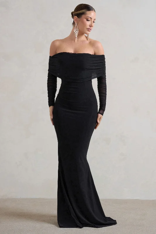 Pleated Women Dress with a Timeless and Elegant TextureMadeleine | Black Fishtail Maxi Dress With Bardot Mesh Long Sleeves