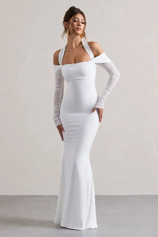 Plus Size Women Dress with a Flattering A - Line Cut for Comfort and StyleMalisha | White Halter-Neck Long-Sleeve Fishtail Maxi Dress Plus Size Women Dress with a Flattering A - Line Cut for Comfort and StyleMalisha | White Halter-Neck Long-Sleeve Fishtail Maxi Dress