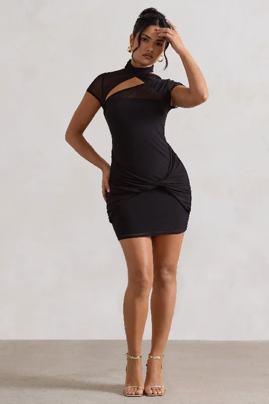 Off - the - Shoulder Women Dress for a Romantic and Feminine LookMandi | Black Mesh Halter-Neck Cut-Out Mini Dress Off - the - Shoulder Women Dress for a Romantic and Feminine LookMandi | Black Mesh Halter-Neck Cut-Out Mini Dress