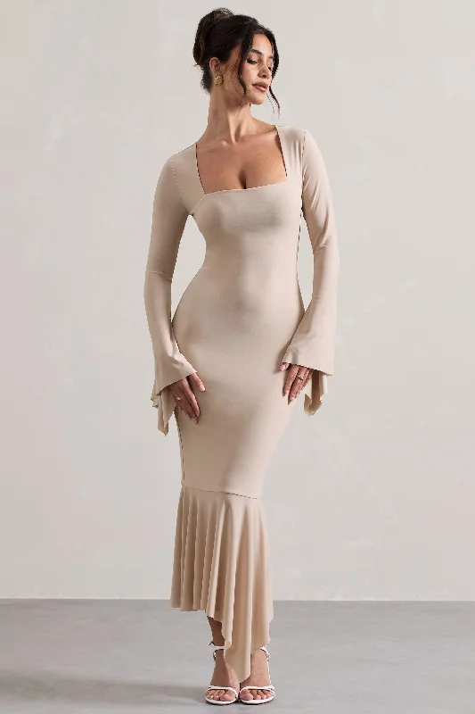 Pleated Women Dress with a Timeless and Elegant TextureMeliora | Champagne Square-Neck Flute-Sleeve Asymmetric Midi Dress Pleated Women Dress with a Timeless and Elegant TextureMeliora | Champagne Square-Neck Flute-Sleeve Asymmetric Midi Dress