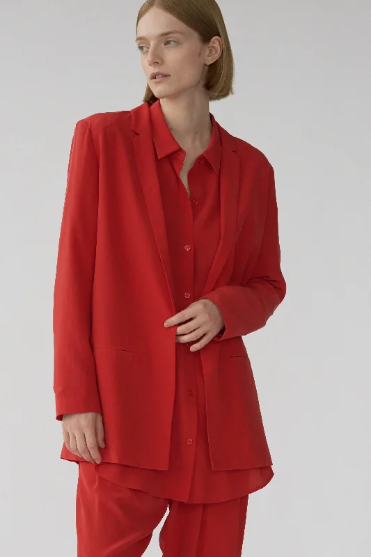 Single - Breasted Women's Tweed Blazers with Gold Buttons for a Classic LookMENA BLAZER - CARDINAL RED - SANDWASH CREPE DE CHINE SILK Single - Breasted Women's Tweed Blazers with Gold Buttons for a Classic LookMENA BLAZER - CARDINAL RED - SANDWASH CREPE DE CHINE SILK