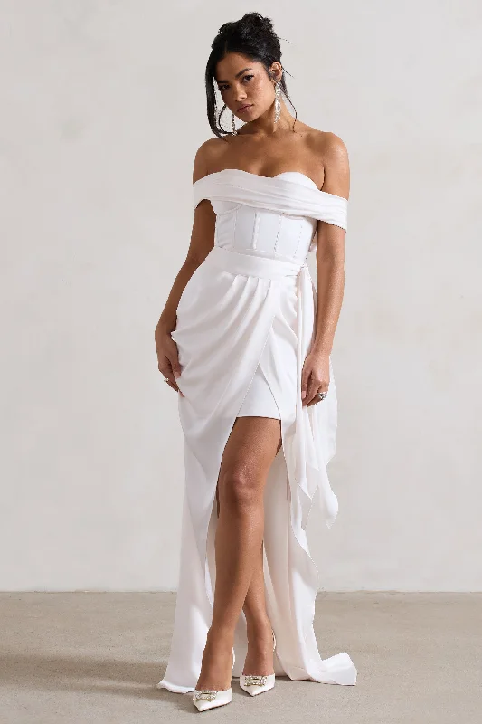Strapless Women Dress with a Built - in Bra for Comfort and SupportMilano | Cream Satin Bardot Maxi Dress With Detachable Skirt Strapless Women Dress with a Built - in Bra for Comfort and SupportMilano | Cream Satin Bardot Maxi Dress With Detachable Skirt