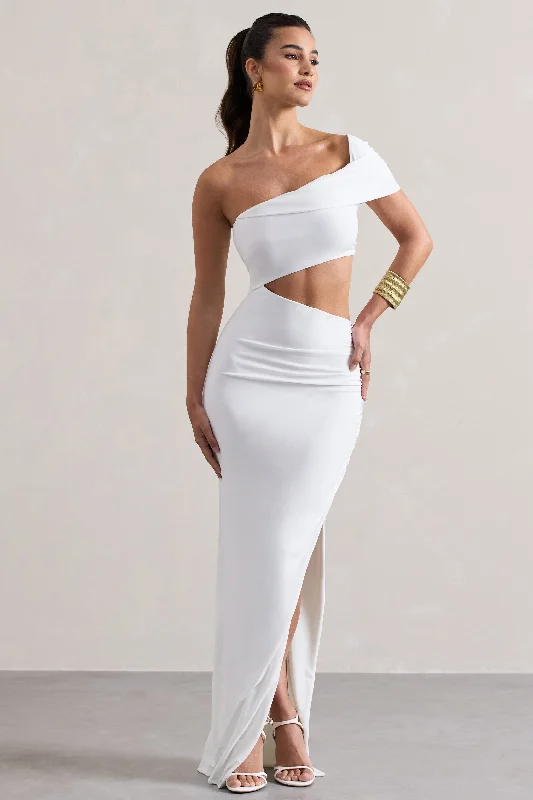 Plus Size Women Dress with a Flattering A - Line Cut for Comfort and StyleMilos | White One-Shoulder Cut-Out Maxi Dress With Split Plus Size Women Dress with a Flattering A - Line Cut for Comfort and StyleMilos | White One-Shoulder Cut-Out Maxi Dress With Split
