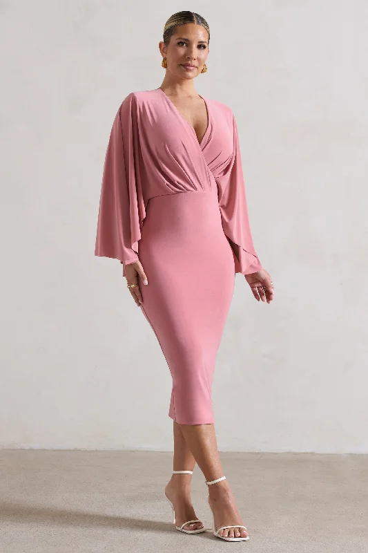 Halter Neck Women Dress to Show Off the Shoulders and NecklineMishka | Blush Pink Plunge-Neck Cape Midi Dress Halter Neck Women Dress to Show Off the Shoulders and NecklineMishka | Blush Pink Plunge-Neck Cape Midi Dress