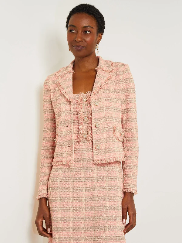 Single - Breasted Women's Linen Blend Blazers in Earth Tones for Casual WearModern Button Front Jacket - Fringe Trim Tweed Knit Single - Breasted Women's Linen Blend Blazers in Earth Tones for Casual WearModern Button Front Jacket - Fringe Trim Tweed Knit