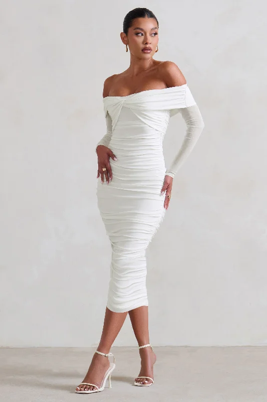 Empire Waist Women Dress to Accentuate the Bust and Conceal the WaistNeva | White Bardot Twist Midi Dress Empire Waist Women Dress to Accentuate the Bust and Conceal the WaistNeva | White Bardot Twist Midi Dress