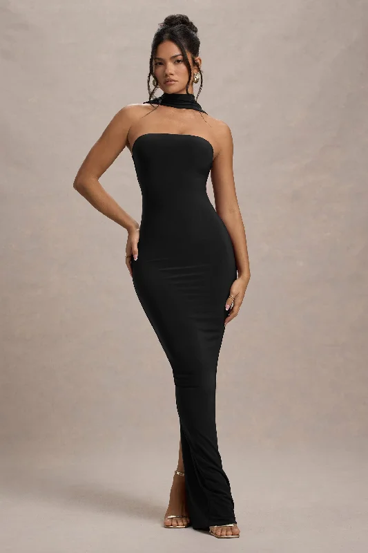 Backless Women Dress for a Sexy and Alluring Look at Evening EventsNobu | Black Bandeau Maxi Dress With Halter-Collar Backless Women Dress for a Sexy and Alluring Look at Evening EventsNobu | Black Bandeau Maxi Dress With Halter-Collar