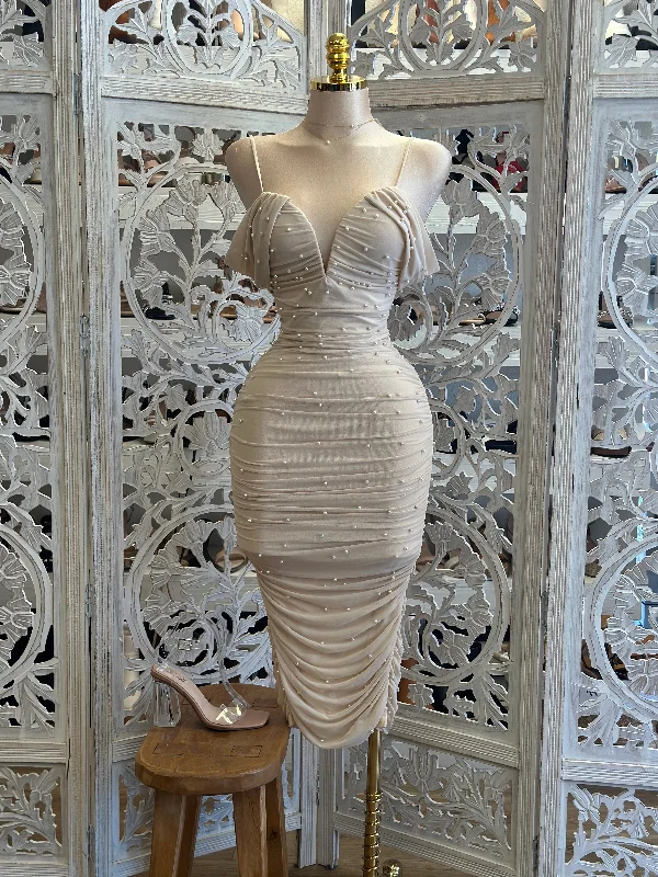 Mini Women Dress with a Short Hem for a Young and Trendy StyleNude Pearl Embellished Off Shoulder Midi Dress- Stretchy Mini Women Dress with a Short Hem for a Young and Trendy StyleNude Pearl Embellished Off Shoulder Midi Dress- Stretchy