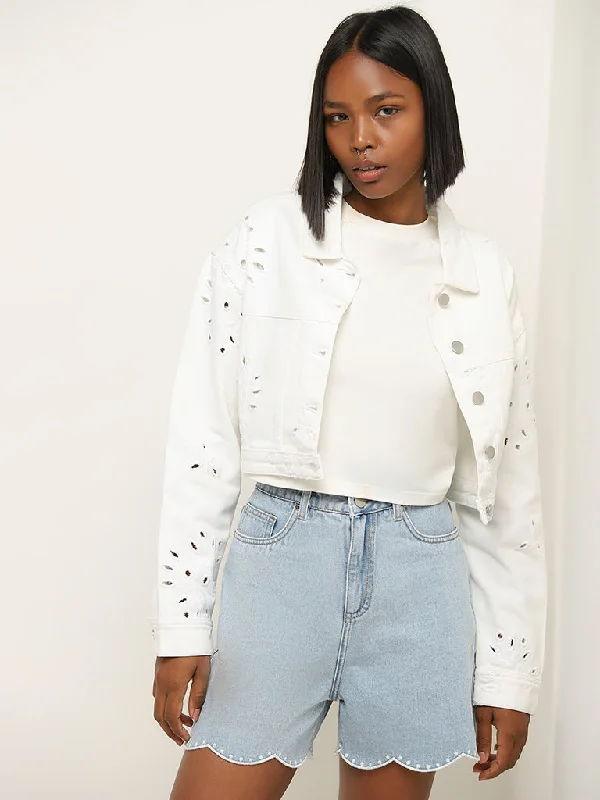 Plus Size Women's Sequin - Embellished Blazers in Silver for a Glamorous PartyNuon White Schiffli Design Denim Jacket Plus Size Women's Sequin - Embellished Blazers in Silver for a Glamorous PartyNuon White Schiffli Design Denim Jacket