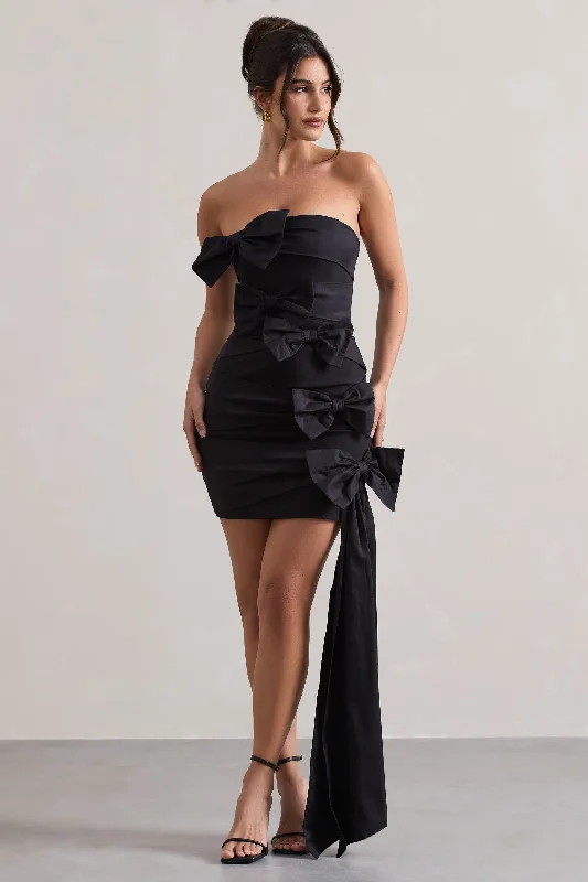 Little Black Women Dress with Sequins for a Glamorous Night OutOrnament | Black Bandeau Bow-Embellished Mini Dress With Drape