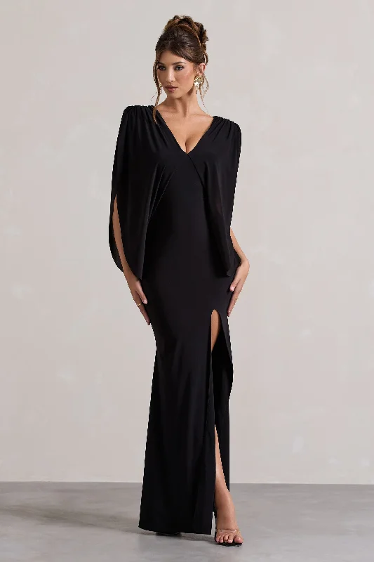 Wrap - Style Women Dress with Adjustable Fit for All Body TypesPerry | Black V-Neck Cape Sleeve Split Maxi Dress