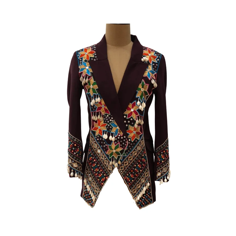 Plus Size Women's Cropped Velvet Blazers in Burgundy for a Night OutPhulkari Embroidered Maroon Blazer Plus Size Women's Cropped Velvet Blazers in Burgundy for a Night OutPhulkari Embroidered Maroon Blazer