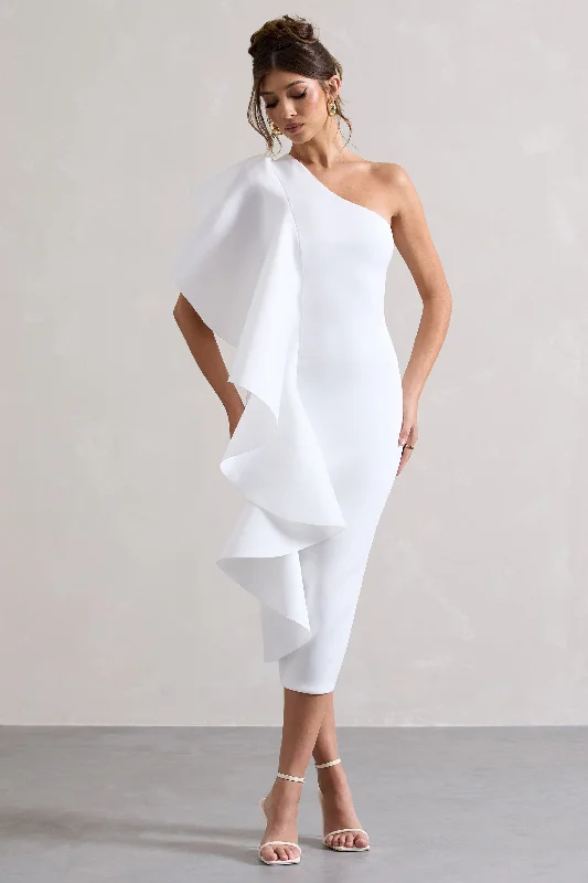 Empire Waist Women Dress to Accentuate the Bust and Conceal the WaistPolo | White One Shoulder Bodycon Midi Dress With Ruffle