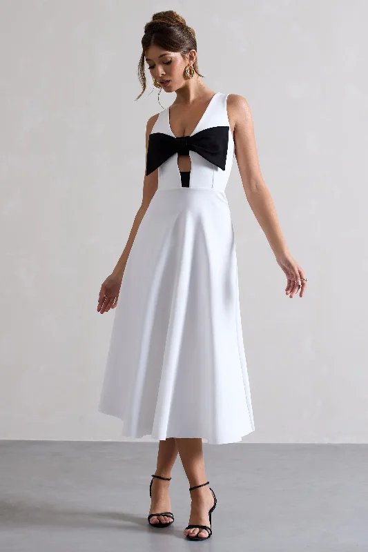 Lace - Embellished Women Dress for an Elegant and Sophisticated AppearancePrimrose | White Plunge-Neck Midi Dress With Black Bow Lace - Embellished Women Dress for an Elegant and Sophisticated AppearancePrimrose | White Plunge-Neck Midi Dress With Black Bow