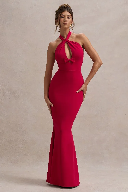 Ball Gown Women Dress with a Full Skirt for a Princess - like LookRaelynn | Red Halter-Neck Cut-Out Maxi Dress With Bow Ball Gown Women Dress with a Full Skirt for a Princess - like LookRaelynn | Red Halter-Neck Cut-Out Maxi Dress With Bow