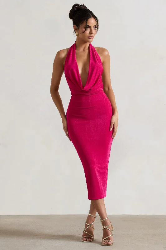 Backless Women Dress for a Sexy and Alluring Look at Evening EventsRaleigh | Hot Pink Cowl-Neck Midi Dress Backless Women Dress for a Sexy and Alluring Look at Evening EventsRaleigh | Hot Pink Cowl-Neck Midi Dress