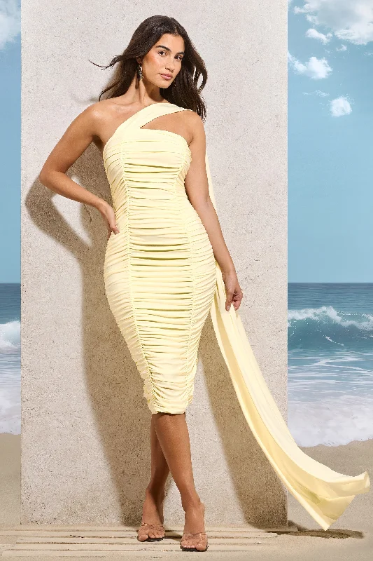 Lace - Embellished Women Dress for an Elegant and Sophisticated AppearanceRealign | Lemon Ruched One Shoulder Midi Dress With Sash Lace - Embellished Women Dress for an Elegant and Sophisticated AppearanceRealign | Lemon Ruched One Shoulder Midi Dress With Sash