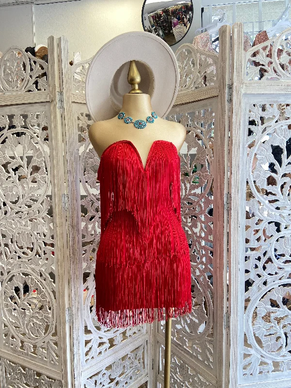 Maxi Women Dress with Floral Print for a Bohemian VibeRed Fringe Dress- Stretchy, Estira Maxi Women Dress with Floral Print for a Bohemian VibeRed Fringe Dress- Stretchy, Estira