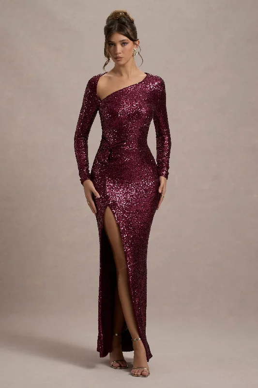 Plus Size Women Dress with a Flattering A - Line Cut for Comfort and StyleRemarkable | Burgundy Sequin Long-Sleeved Twisted Maxi Dress