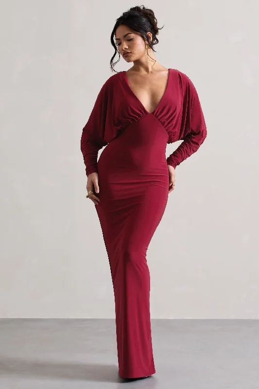 Wrap - Style Women Dress with Adjustable Fit for All Body TypesRuth | Berry Draped Plunge-Neck Maxi Dress Wrap - Style Women Dress with Adjustable Fit for All Body TypesRuth | Berry Draped Plunge-Neck Maxi Dress
